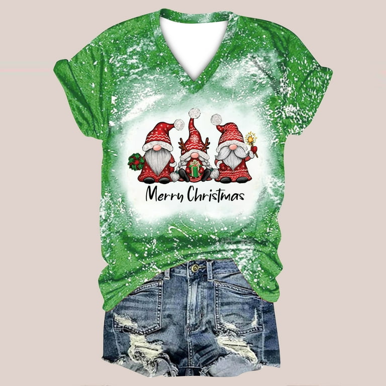 Holiday Tops Loose Short Sleeve V-Neck Shirts Tie Dye Cute Gnome Elf  Graphic Tunic Vintage T-Shirt Green XX-Large