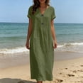 thumbnail image 5 of Women's Cotton Linen Midi Dress Casual Solid Short Sleeve V Neck Button Button Loose Summer Tshirt Dresses Beach Vacation Sundress, 5 of 7
