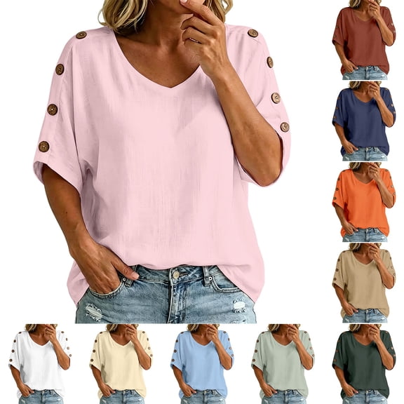 WHEANG Womens Summer Tops Short Sleeve Shirts Button Decor Casual Solid Pullover Top U Neck Trendy Tunic Blouses Beach Vacation Clothes Size XXXL White