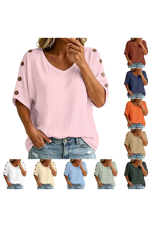 Under $20 Womens T Shirts Short Sleeve Crwe Neck Cotton Linen Blouses, Solid Button Decor Top, 2026 Summer Fashion Clothes Blackish Green T-shirt, XL