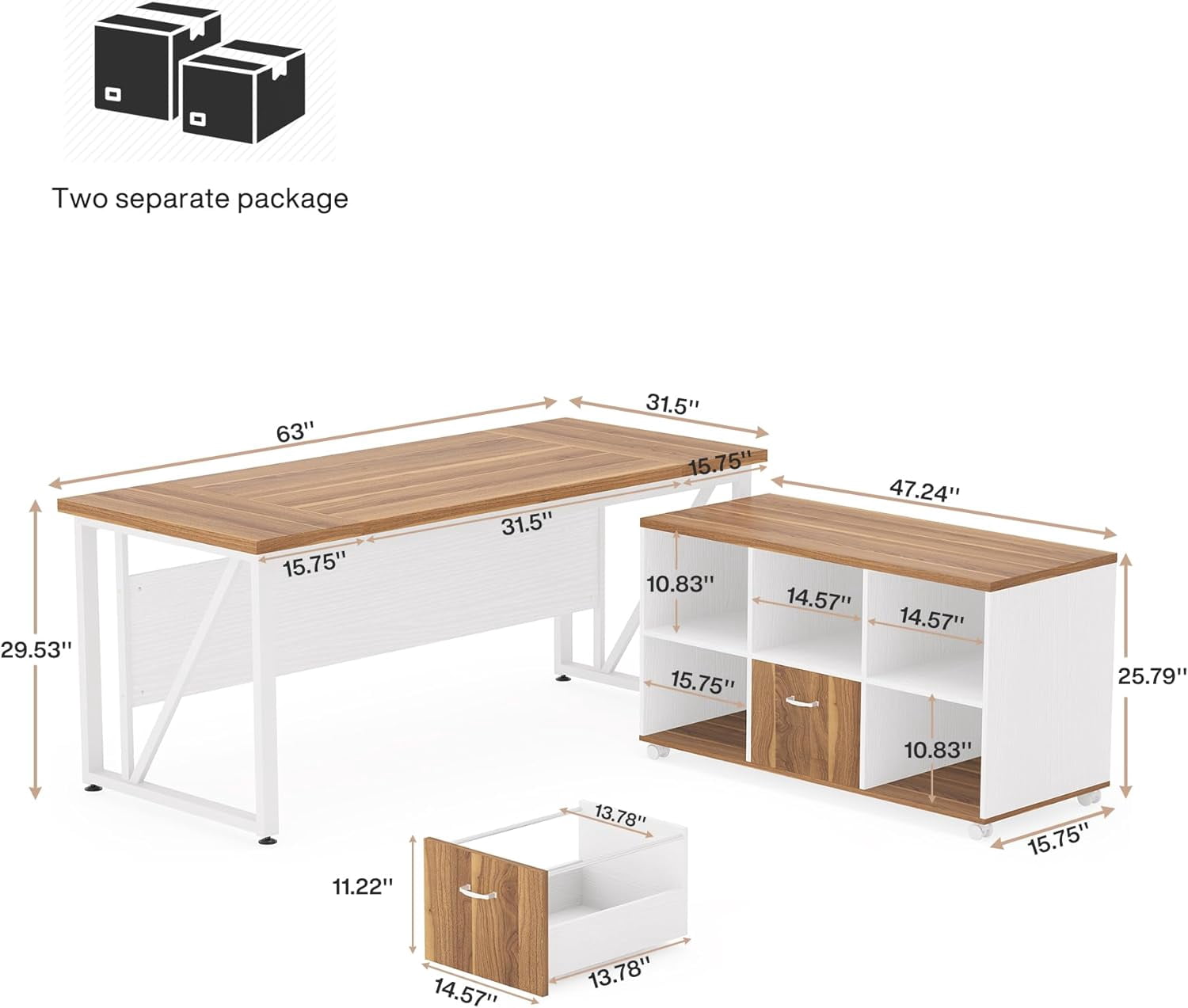 Tribesigns 63 Inch L Shaped Executive Desk and 47" Lateral File Cabinet, Home Office Business Furniture with Drawers and Storage Cubes, Brown and White