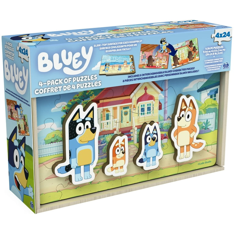 Bluey, 4-Pack of Wooden Puzzles with Bingo, Mum, and Dad Characters, 24  Piece Jigsaw Toy Gift Set, for Kids Aged 3 and up 