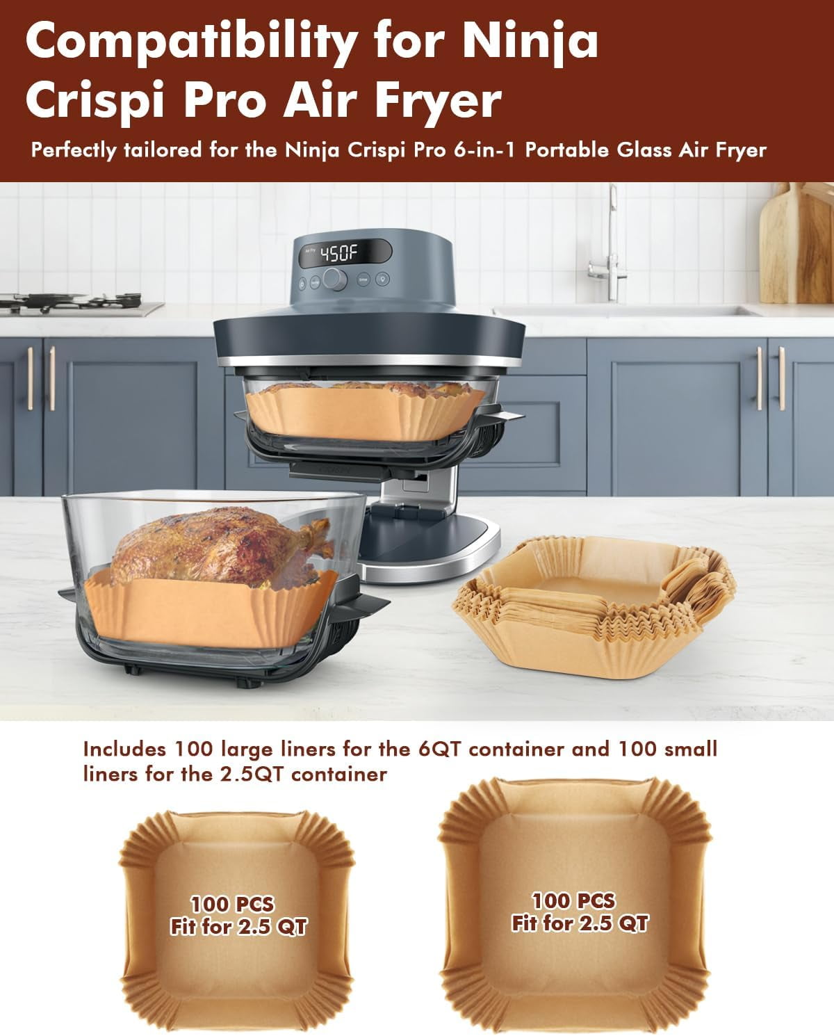 JJEAN-Air Fryer Liners for Ninja Crispi Pro - 200 Pcs (100 Large + 100 Small) Disposable Non-Stick Parchment Paper Liners for Ninja Crispi Pro 6-in-1 Glass Air Fryer Cooking System