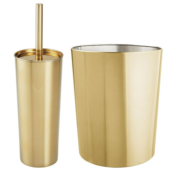 mDesign 2 Piece Plastic Bathroom Set, Bowl Brush and Trash Can - Brass