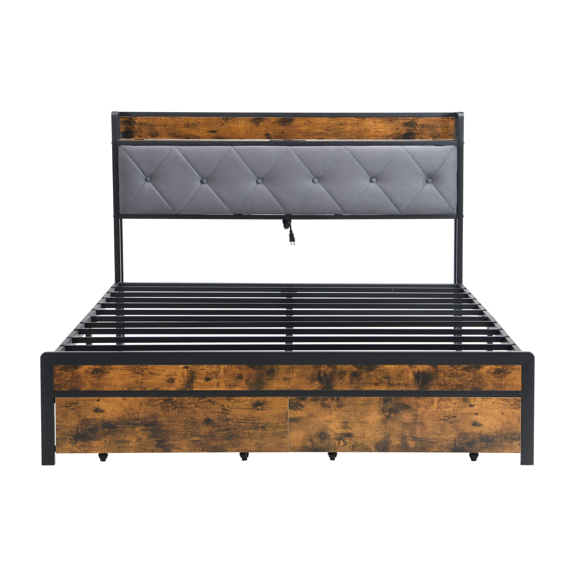 Leumius Queen Size Bed Frame with LED Lights, Metal Platform Bed with Upholstered Headboard & 2 Drawers, USB & Charging Station, Queen