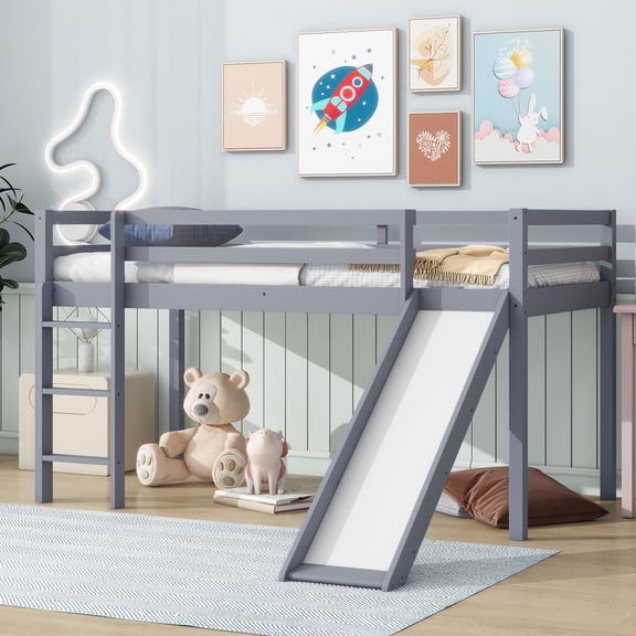 Sesslife Twin Size Loft Bed with Slide and Ladder, Modern Low Loft Bed with Large Under Bed Space, Solid Wood Loft Bed Frame with Safety Guardrail for Teens, No Box Spring Needed, Gray