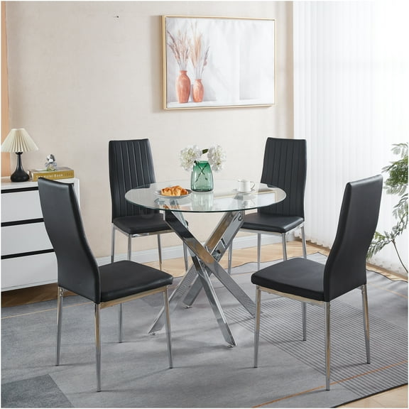 JERFIT 5-Piece Mid-Century Modern Dining Set with Glass Top Table & 4 Chairs, Black/Silver Metal Legs for Kitchen, Breakfast Nook