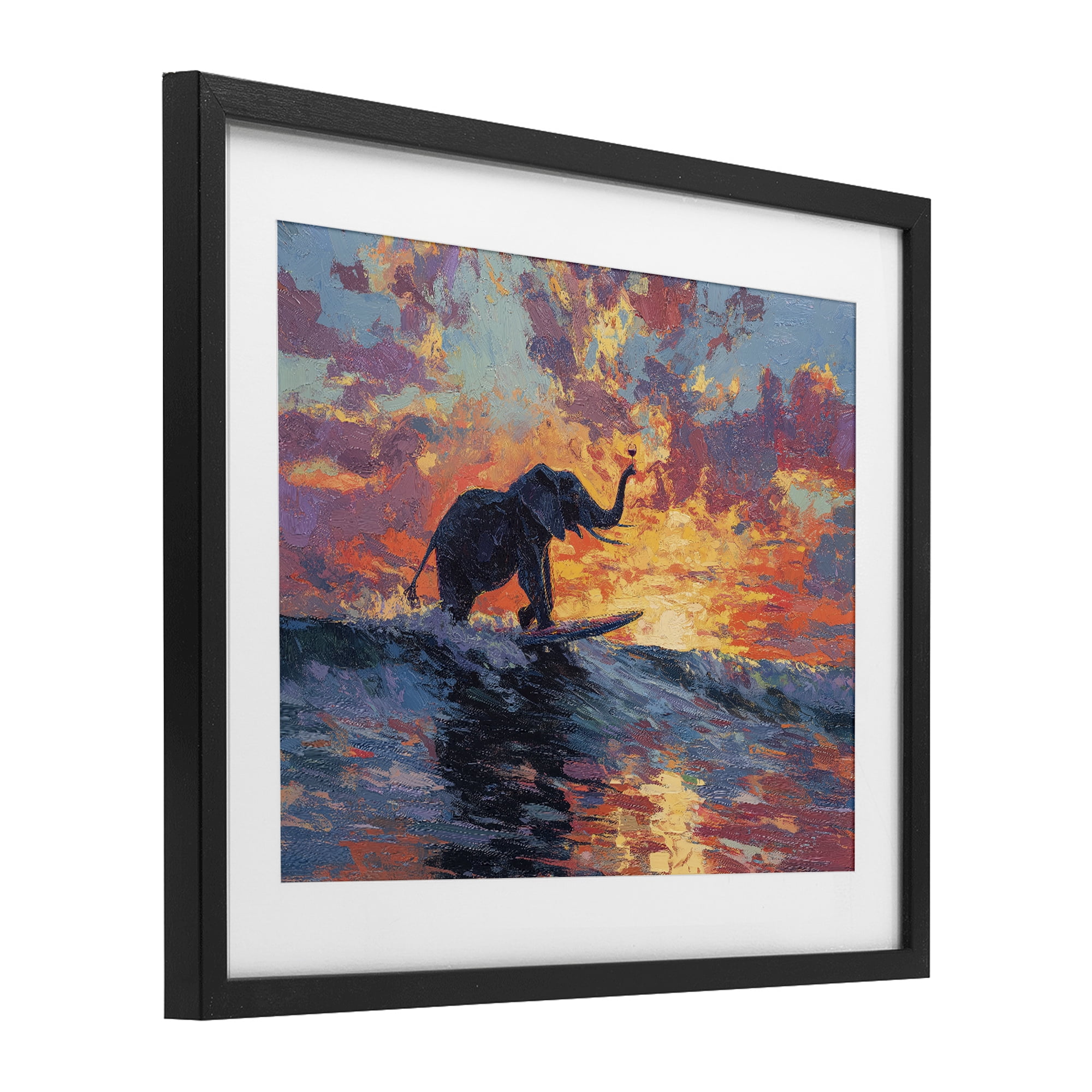 Sunset Surf Elephant Black Framed Print Under Glass, design by Ziwei Li