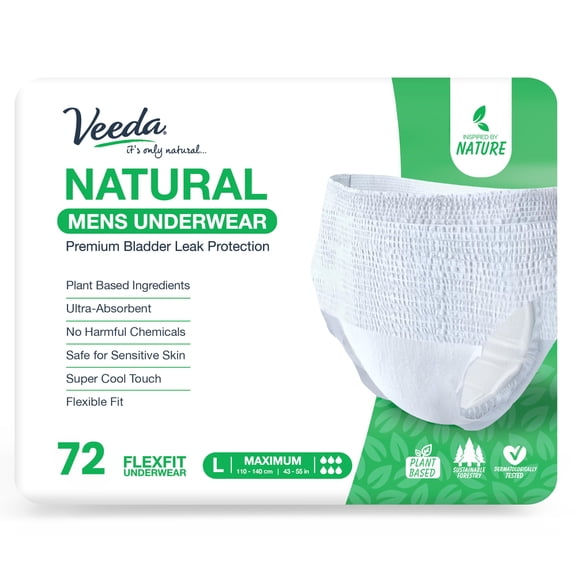 Veeda Natural Adult Incontinence Underwear for Men - Disposable Underwear for Bladder Leakage Protection - Adult Diapers for Men with Maximum Absorbency - Large Size - 72 Count