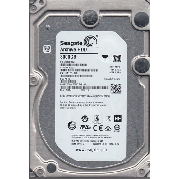 ST8000AS0002, Z84, TK, PN 1NA17Z-568, FW AR15, Seagate 8TB SATA 3.5 Hard Drive