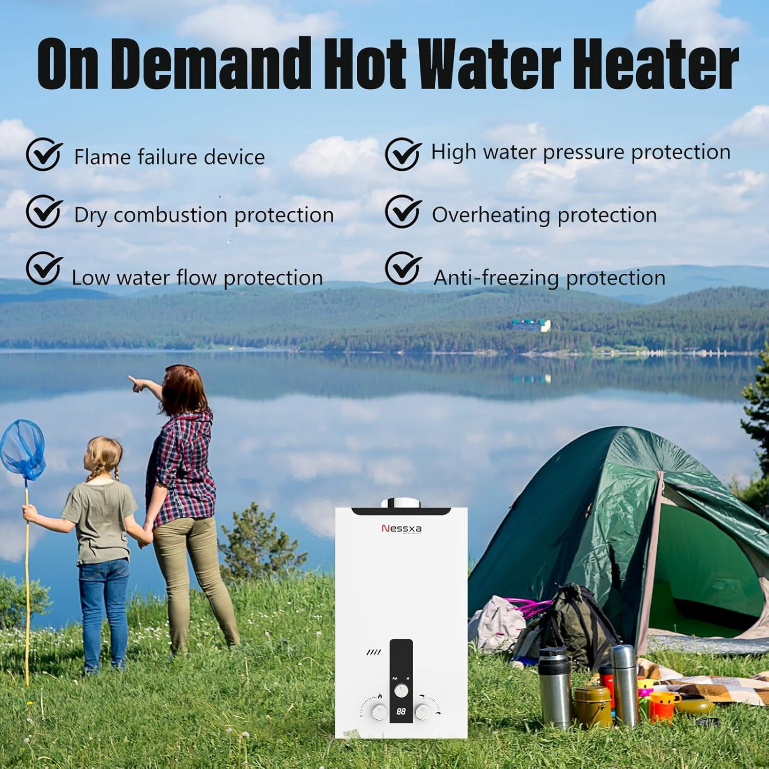 Tankless Propane Water Heater with Digital Display, 4.76 GPM 18L Portable Instant Hot Gas Water Heater, 115425 BTU Overheating Protection for Indoor & Camping