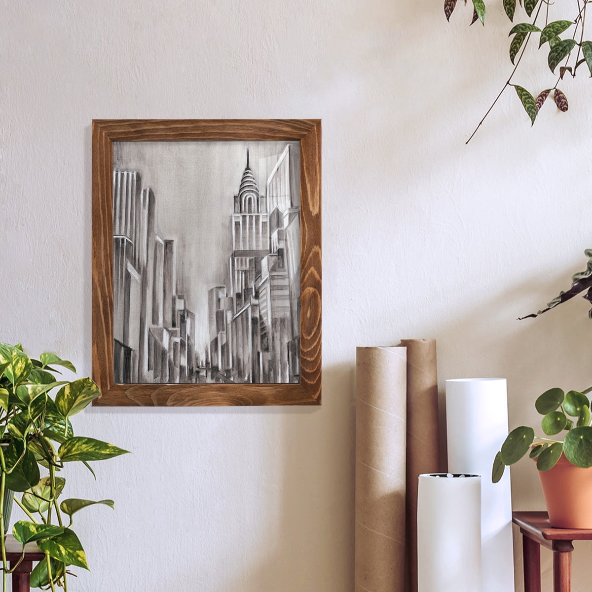 Art Deco Cityscape I -Framed Print w/glass-Walnut