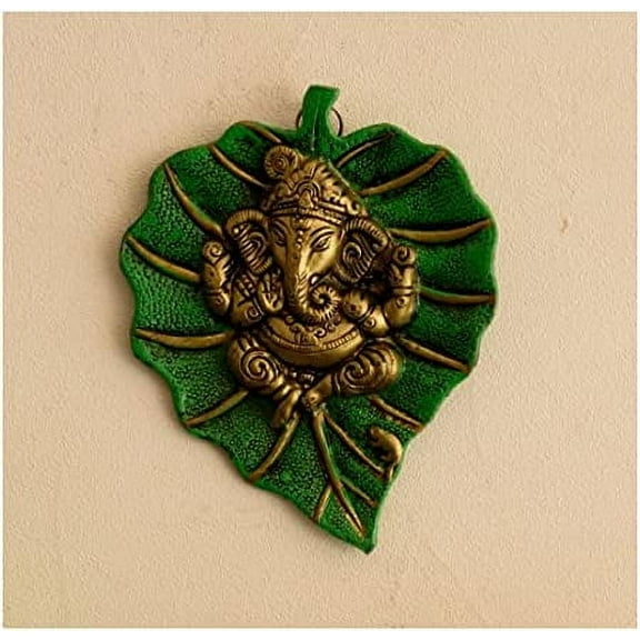 White Metal Elegant Gold Lord Ganesha on Green Leaf Wall Hanging Showpiece (Approx. 19.1 x 1.3 x 15.2 Cm), Decorative Statue