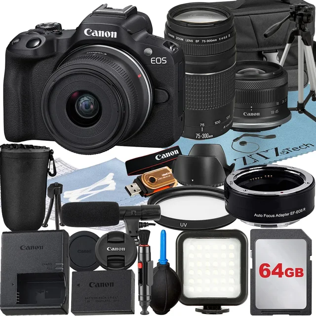 Canon EOS R50 Mirrorless Camera with RF-S 18-45mm + EF 75-300mm Lens + 64GB Memory Card + Mount Adapter + Case + LED Flash + ZeeTech Accessory Bundle