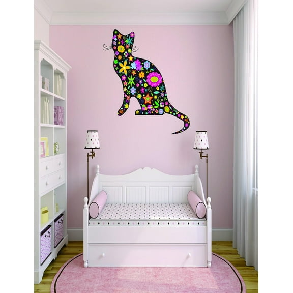 Custom Wall Decal Sticker : Colorful Flower Star Design Cat 12x18"