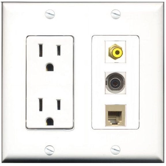 RiteAV - 15 Amp Power Outlet 1 Port RCA Yellow 1 Port Phone Beige 1 Port 3.5mm Decorative Wall Plate