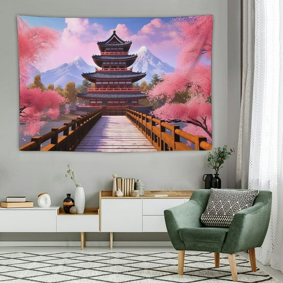 Shiartex  Japanese Cherry Blossom Tapestry 60x40 Inch Japan Pagoda Mount Fuji Asian Anime Plank Tapestry Wall Hanging Art for Bedroom Living Room Hippie Party Decor 60x40in