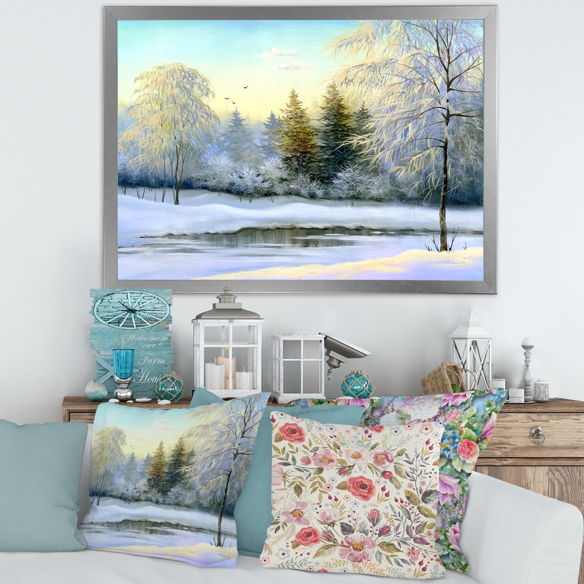 Designart 'Green Trees In Beautiful Winter Snow Landscape' Traditional Framed Art Print