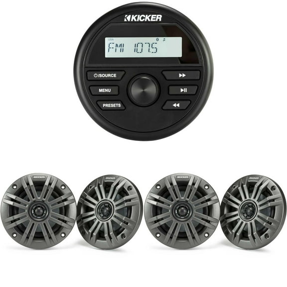 Kicker KMC2 Gauge Mount Marine Grade Receiver & ( 2 Pairs ) 45KM44 4" Marine Speakers bundle