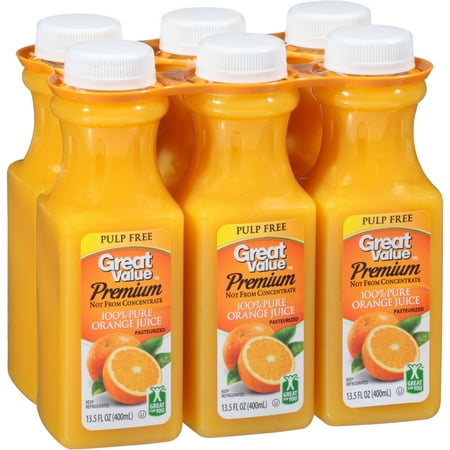 Great Value Premium Pulp Free Orange Juice, 13.5 Fl. Oz., 6 Count