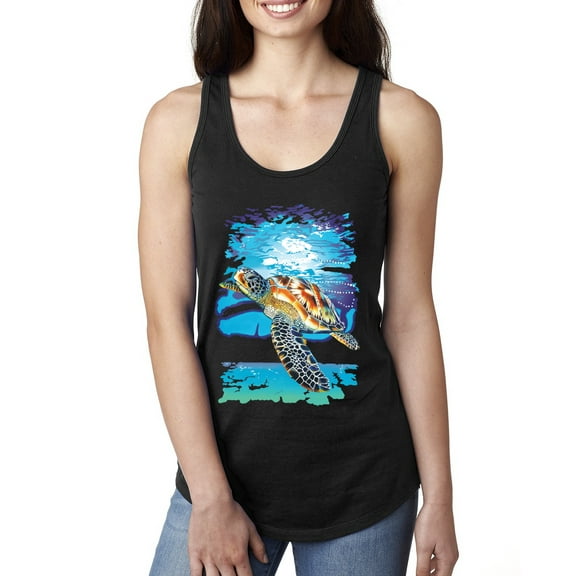 Swimming Sea Turtle Animal Lover Ladies Racerback Tank Top, Black, Small