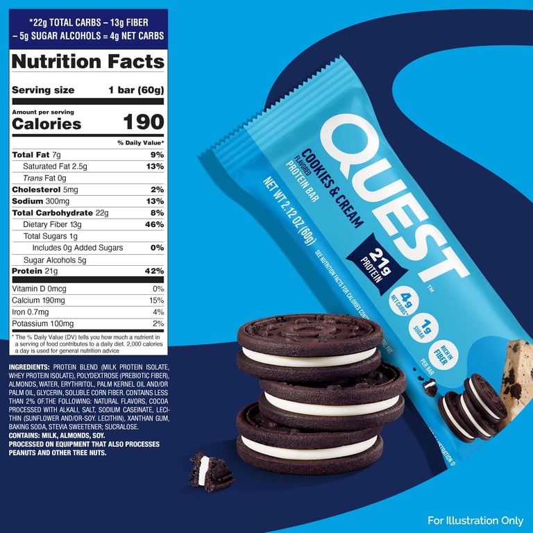 Quest Protein Bar, Cookies & Cream, 21g Protein, Gluten Free 4 ct