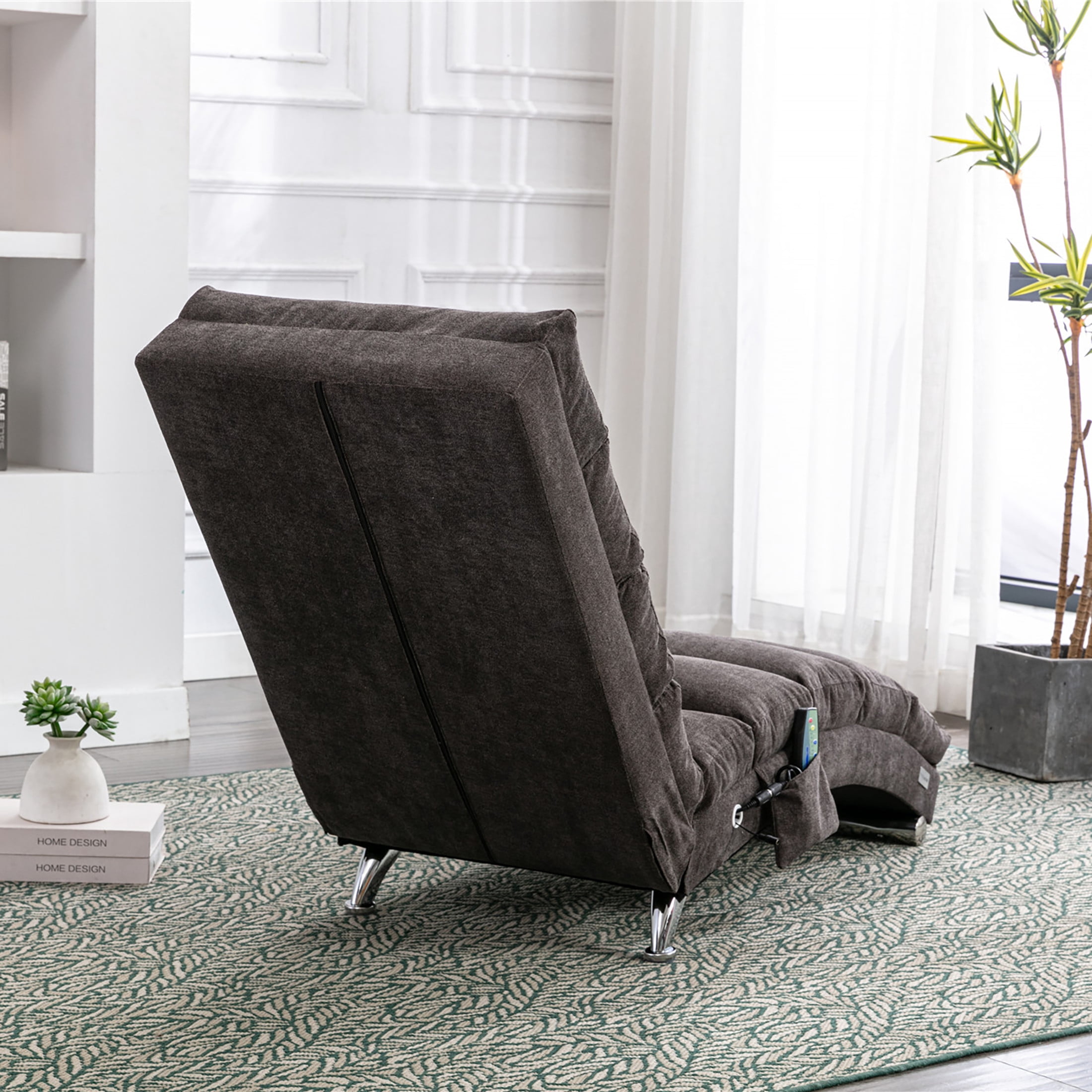 Noble House Upholstered Chaise Lounge Chair with Vibration, Linen Fabric Leisure Recliner, Dark Gray