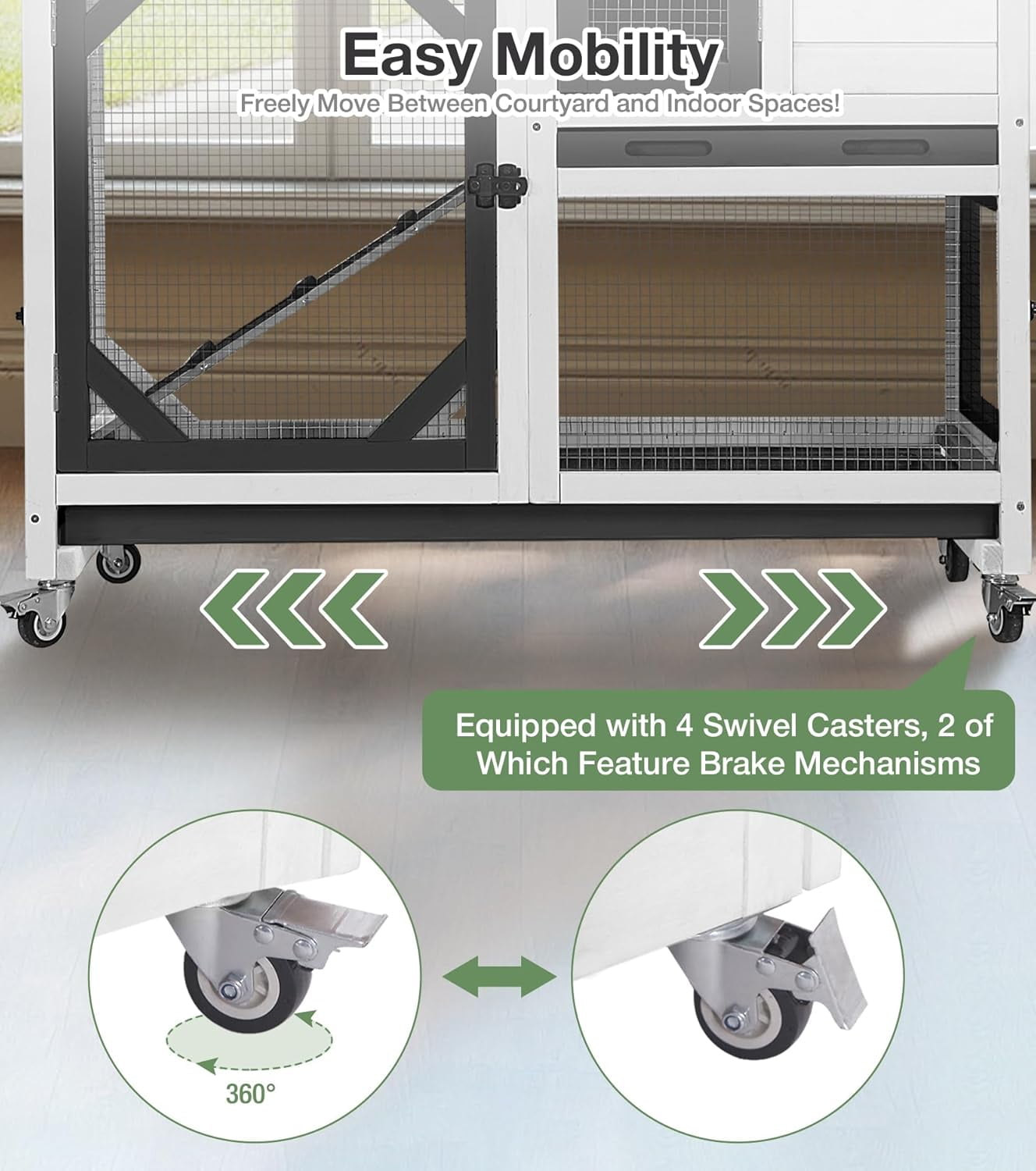 MEDEHOO Rabbit Hutch 2-Story Wooden Bunny Cage with 2 Leak-Proof Trays, Chew-Proof Metal Mesh Indoor & Outdoor Guinea Pig House with Wheels - Black