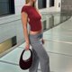 thumbnail image 3 of Blusas Cortas Mujeres Crop Tops Backless Crew Neck Slim Fit Tee Sexy para ir de compras (vino rojo S) Ygjytge para Mujer Vino rojo T L, 3 of 7