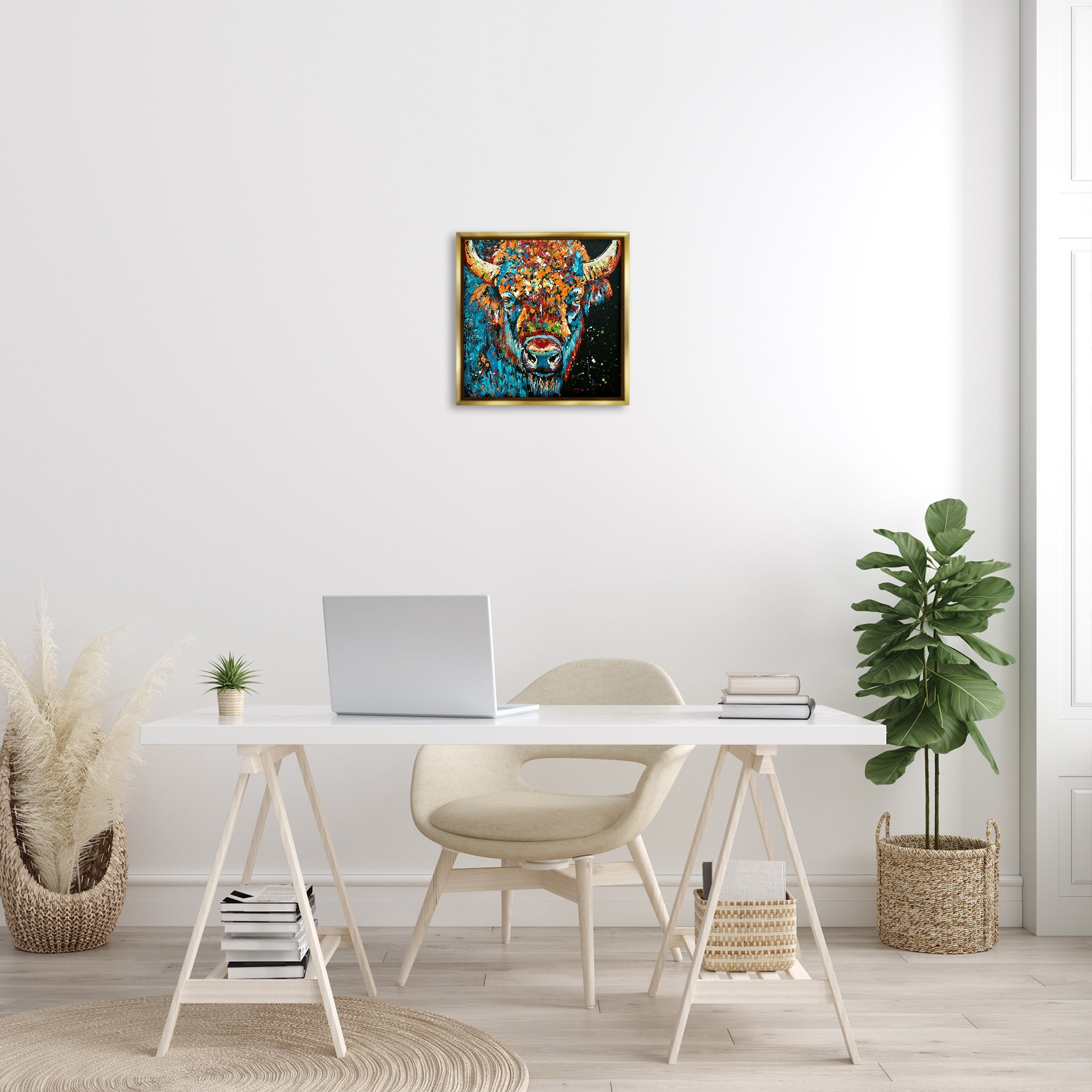 Stupell Industries Modern Bison with Paint Splatter Animals & Insects Painting Gold Floater Framed Canvas Art Print Wall Art, 18 x 18