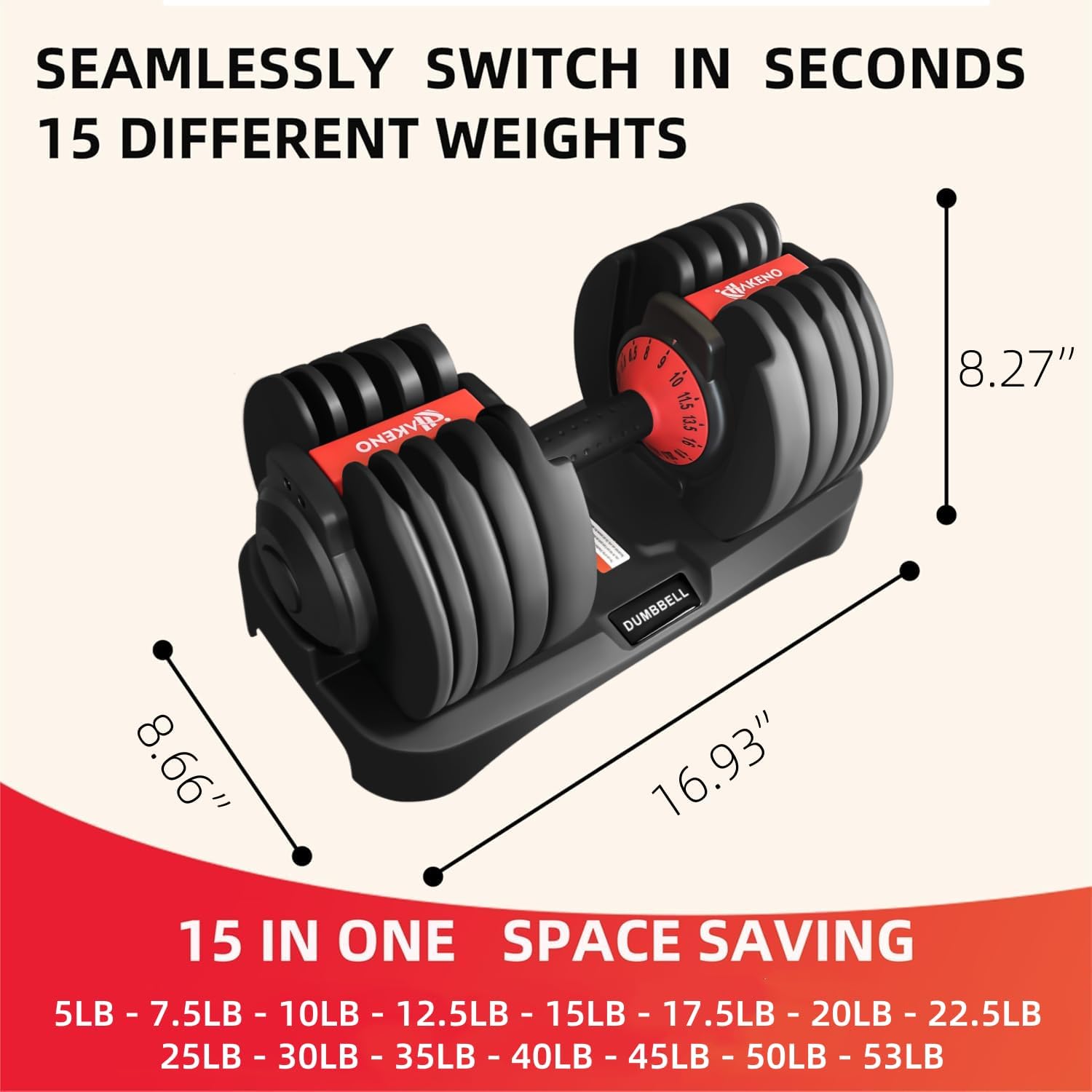 15 Weight in 1 Adjustable Dumbbell 53LB with Fast Automatic Adjustable and Weight Plate for Body Workout Home Gym （24kg/53lb）2pcs