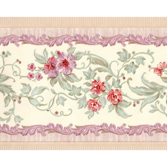 TRIMZ Floral Wallpaper Border - Kitche Decor - Pink Rose, Lavender, Seafoam green - 15' L x 3.75" W