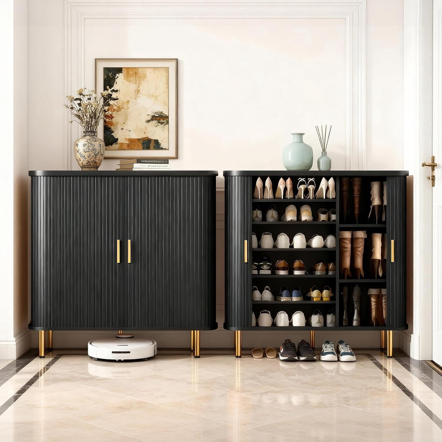 Shoe Storage Cabinet with Sliding Door, 6-Tier Shoe Cabinet with Adjustable Shelves, Mid-Century Modern Freestanding Shoe Storage Organizer for Entryway, Hallway, Living Room (Black)