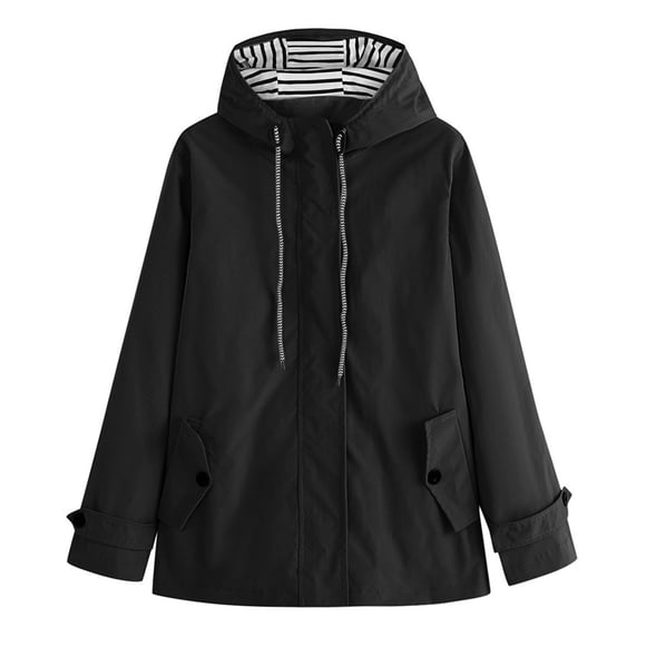 DondPO Women's Rain Jacket Women Solid Hooded Raincoat Striped Rain Suit Outdoor Plus Size Coat Windproof Jacket Womens Fall Jacket Women's Active Wind & Rain Outerwear Black L Clearance!