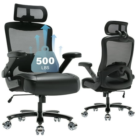 Big and Tall 500lbs Office Chair, High Back Mesh Desk Chair, Ergonomic Executive Computer Chair with Adjustable Lumbar Support Headrest 3D Flip Up Arms Heavy Duty Metal Base, Extra Wide Seat, Black