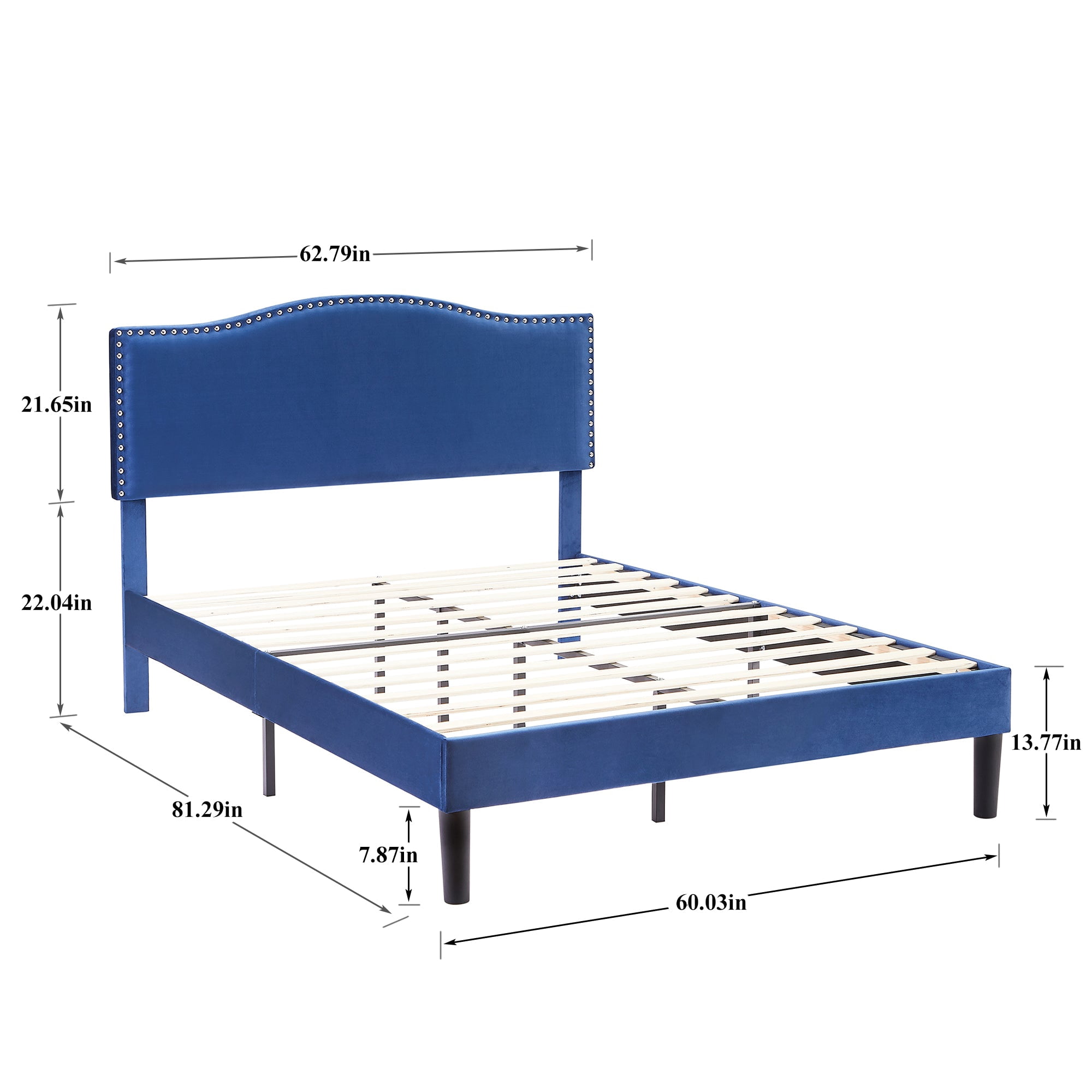 Javlergo Queen Size Bed Frame, Upholstered Platform Bed with Adjustable Headboard, No Box Spring Needed, Dark Blue
