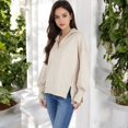 thumbnail image 7 of Women's Long Sleeve Pullover Hoodie with Button Neck and Raw Hem Detail - X Large, Beige, 7 of 7