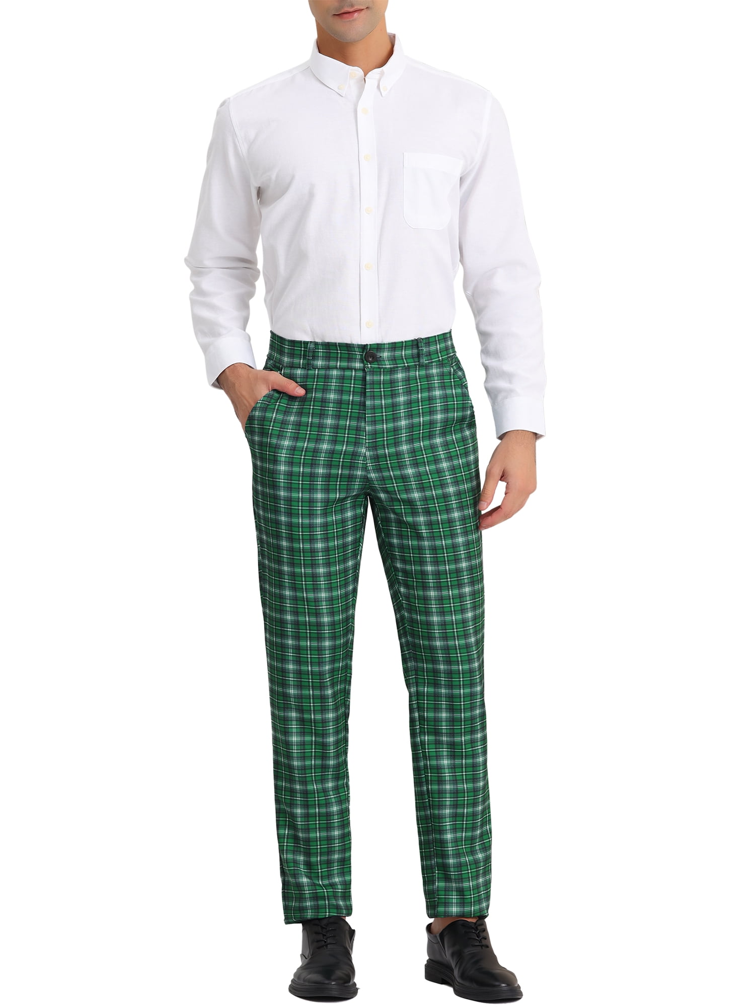 Unique Bargains Men's Checked Suit Pants Flat Front Elastic Waist Plaid Pants 32 Dark Green