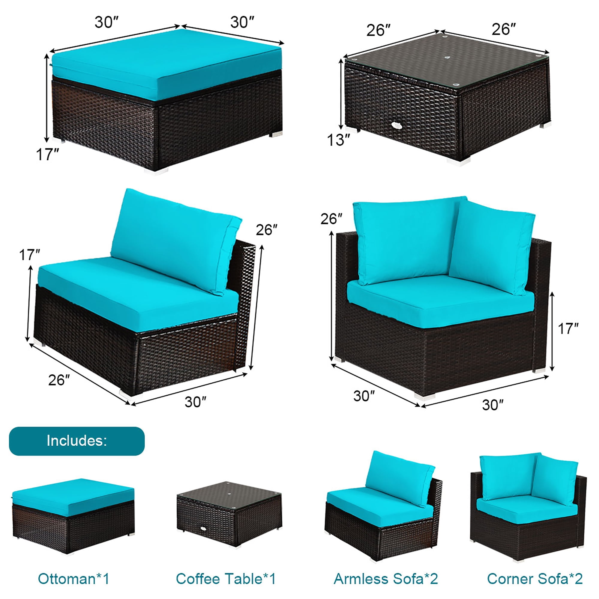 6PCS Outdoor Patio Rattan Furniture Set Cushioned Sectional Sofa Turquoise