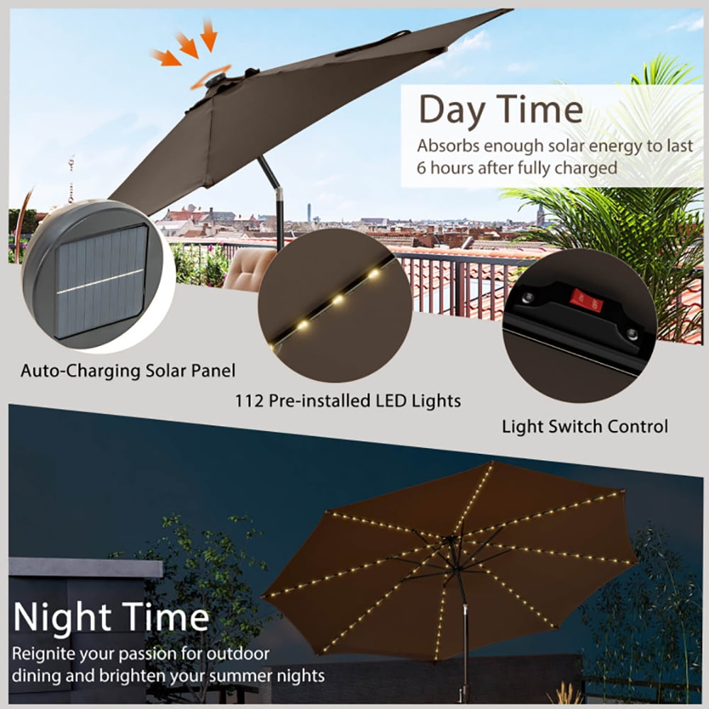 Aimee Lii 10 Feet Patio Umbrella with 112 Solar Lights and Crank Handle, Sunbrella Patio Umbrellas, Coffee Aimee Lii 10 Feet Patio Umbrella with 112 Solar Lights and Crank Handle, Sunbrella Patio Umbrellas, Coffee