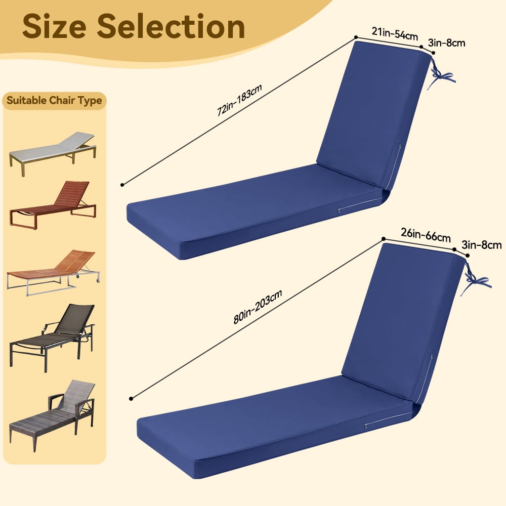 ROFIELTY 72 x 21 inch Outdoor Chaise Lounge Cushion, 3" Thick Waterproof Pad with Ties & Zipper, Blue
