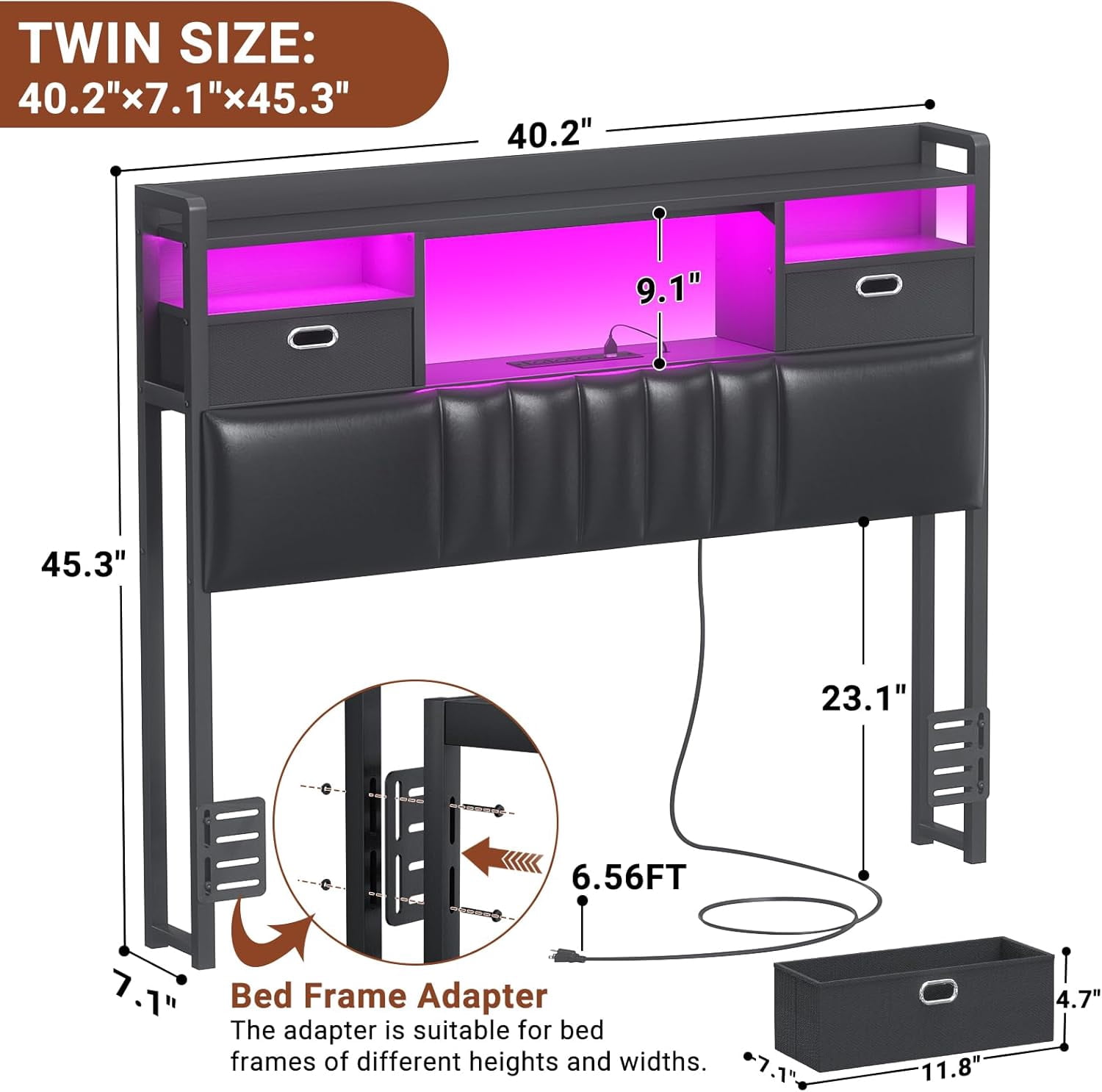 Homieasy Twin Headboard with Drawer Storage and RGB LED Light, Twin Size Upholstered Headboard with Charging Station and Bookcase, for Bedroom/Dorm Room/Guest Room, Black