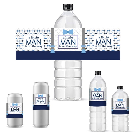 30pcs 2.5" x 8.5" Water Bottle Labels A Little Man is on The Way Waterproof Stickers Water Bottle Wrappers Wraparound Rectangle Labels with Tie