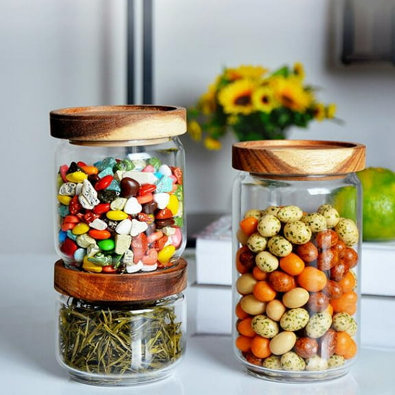 Ludlz Glass Storage Jar with Wood Lids, Airtight Sealed Clear Glass Canister Kitchen Food Storage Containers for Coffee Beans Loose Tea Nuts Sugar Candy Spice