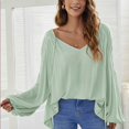 thumbnail image 2 of Blusa de ajuste casual con cuello en V y manga larga con cordón, blusa de mujer de moda para citas en la oficina, verde claro S, 2 of 7