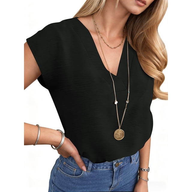 UVN Blusas de Verano para Mujer con Cuello en V y Manga Corta Tipo Gorra Blusas Casuales de Negocios Tops de Trabajo para Mujer