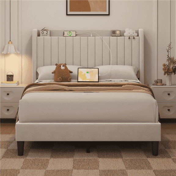 Yaheetech Velvet Upholstered Platform Bed with Charging Outlets & USB Ports, Full, Beige