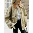 thumbnail image 4 of Female Trendy Jackets Fall Contrast Collar Zip Up Cotton Oversized Casual Cargo Barn Jacket Khaki L, 4 of 9