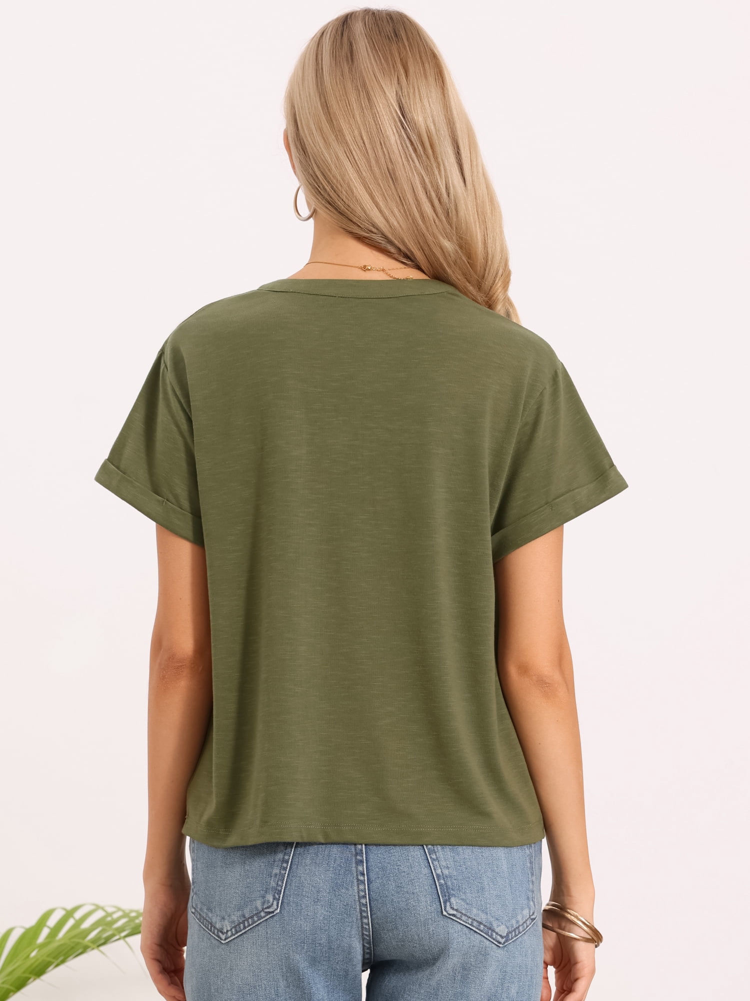 DARING DIVA Women's Summer Short Sleeve Tops V Neck Basic Tee Shirts Blouses L Green