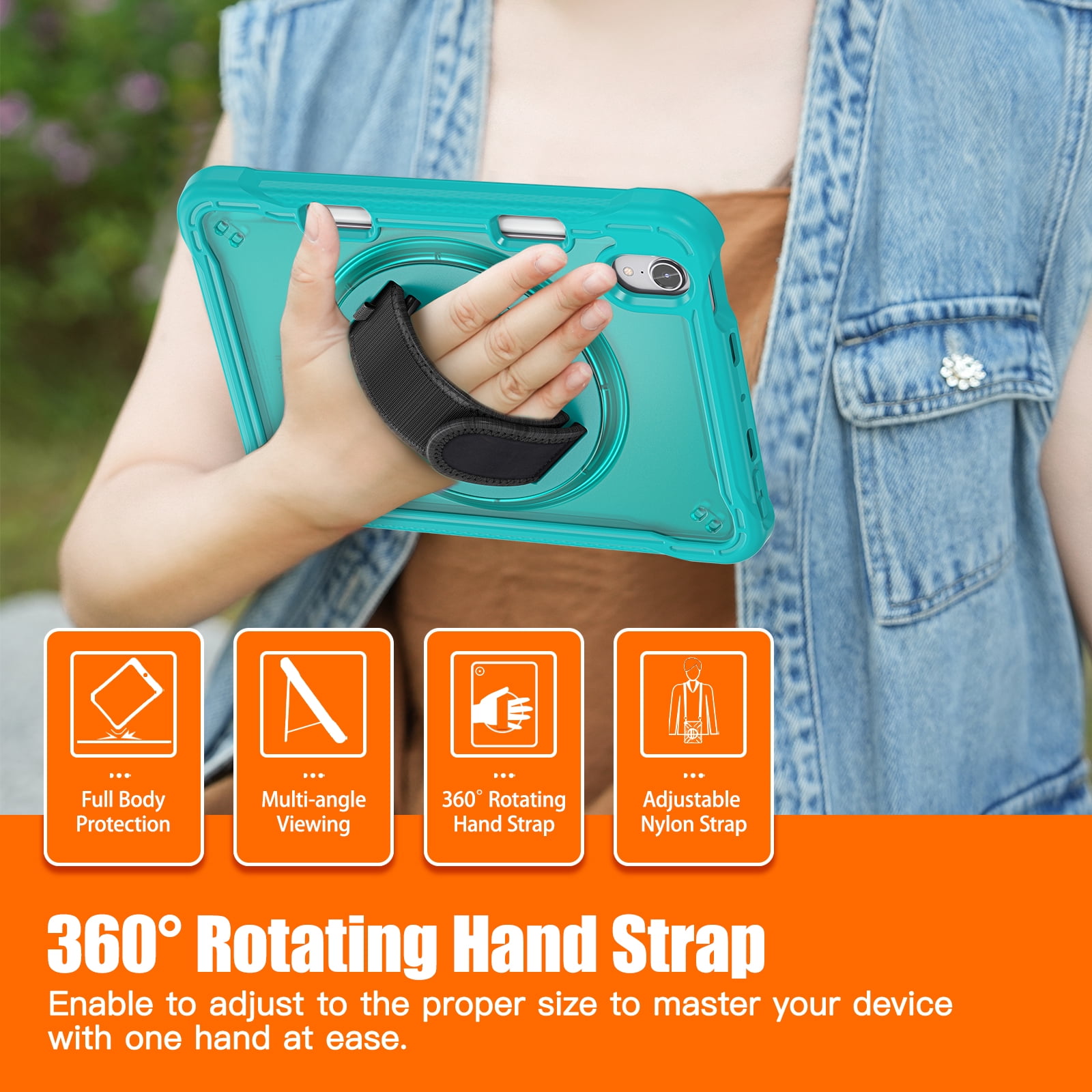 Shockproof Case for Apple iPad mini 6/7, iPad mini 6th 7th Gen Cover, 360 Rotating Stand Translucent Back Cover Shockproof Adjustable Shoulder Strap Kids Friendly with Pencil Holder, Blue